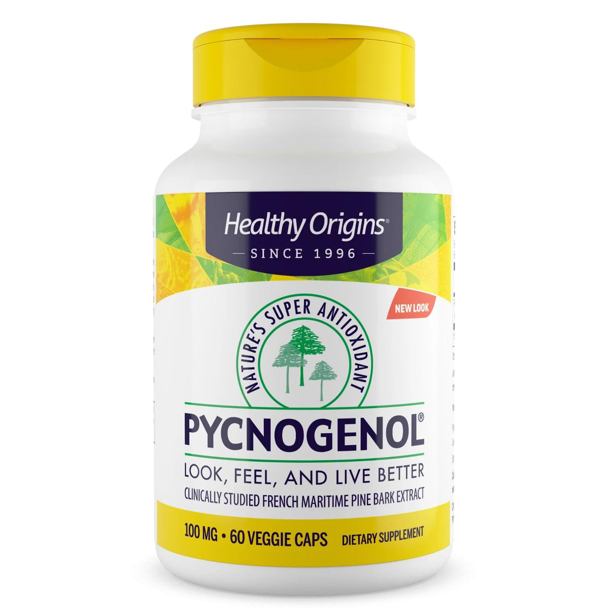 Healthy Origins Pycnogenol 100 mg bottle front view highlighting antioxidant support for skin and joints