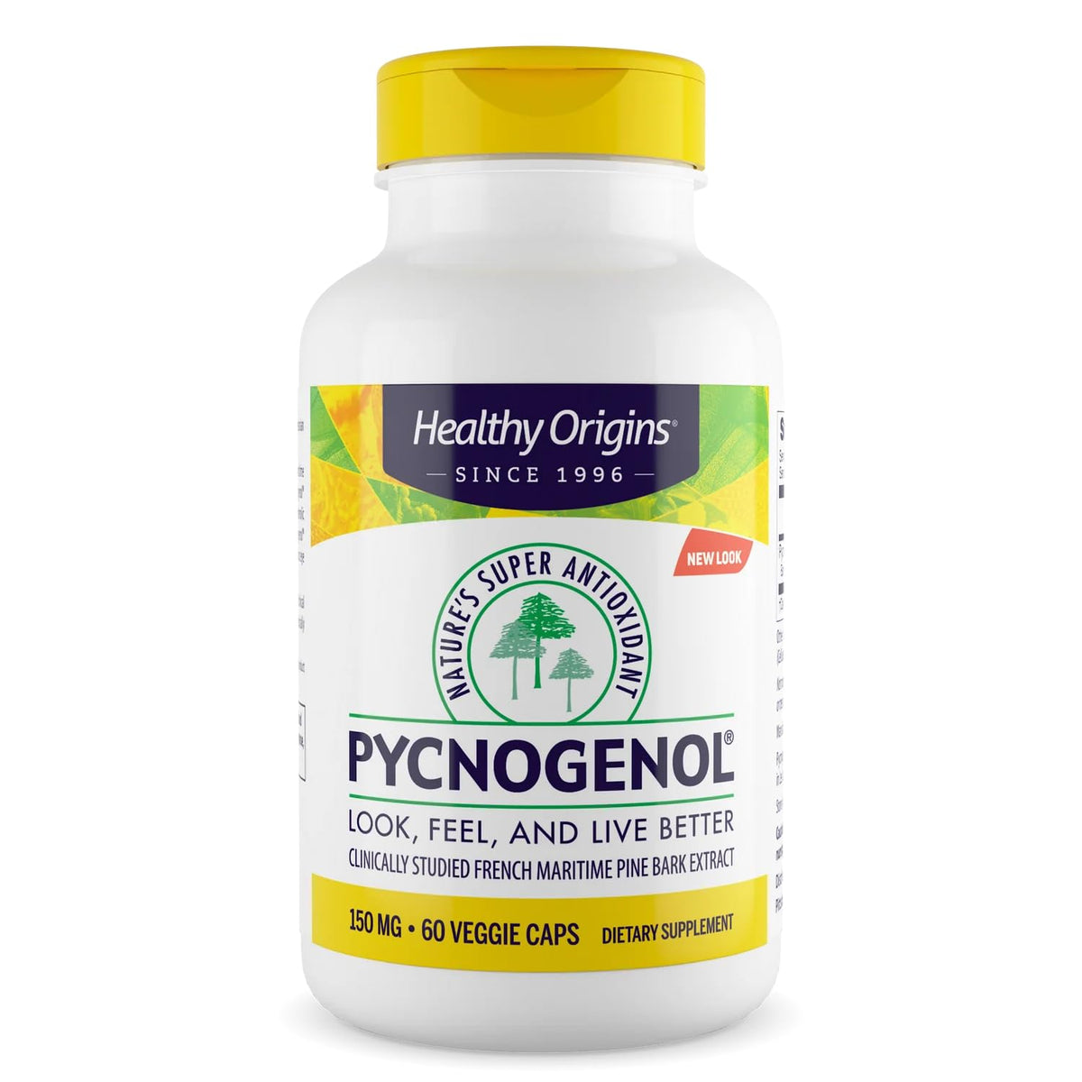 Healthy Origins Pycnogenol 150 mg bottle front highlighting vegan capsule format and antioxidant support