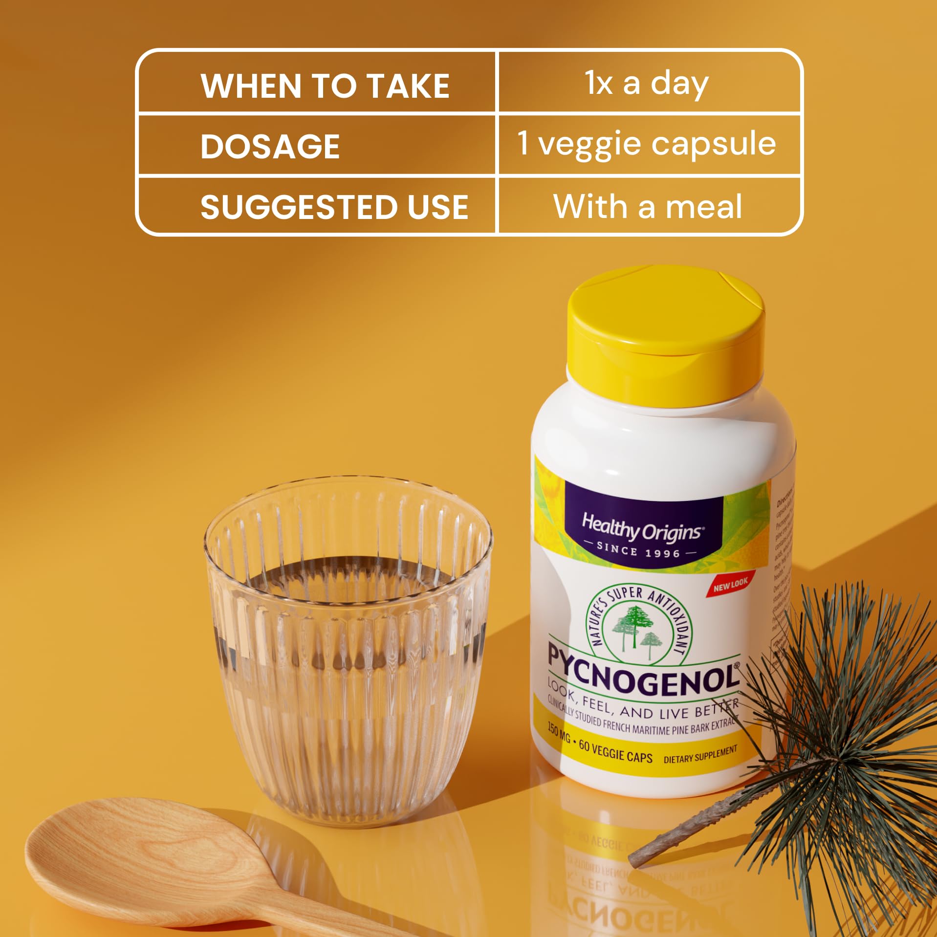 Healthy Origins Pycnogenol 150 mg packaging side view showing resealable bottle
