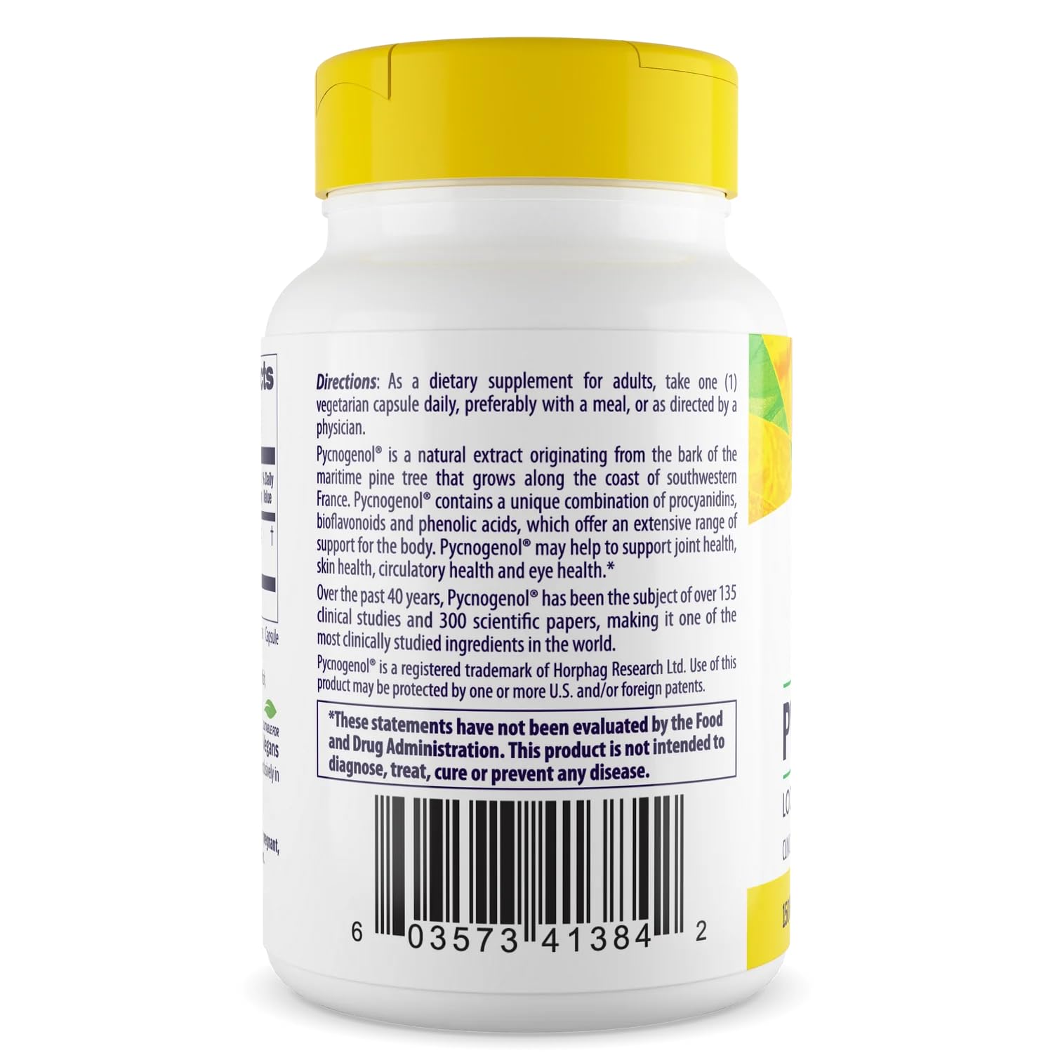 Pycnogenol label detail from Healthy Origins bottle highlighting natural pine bark extract.