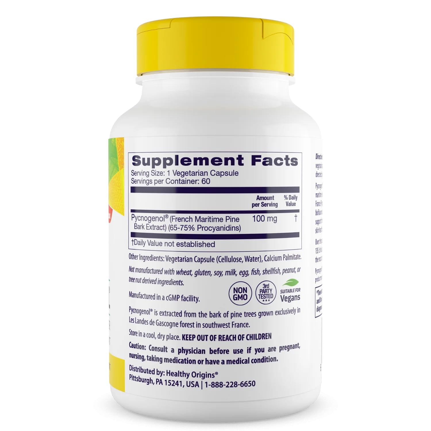 Healthy Origins Pycnogenol capsules close-up emphasizing cardiovascular support