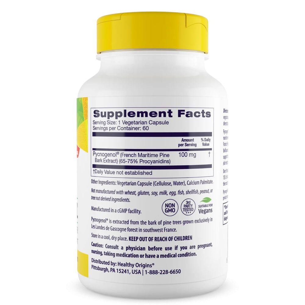 Healthy Origins Pycnogenol capsules close-up emphasizing cardiovascular support