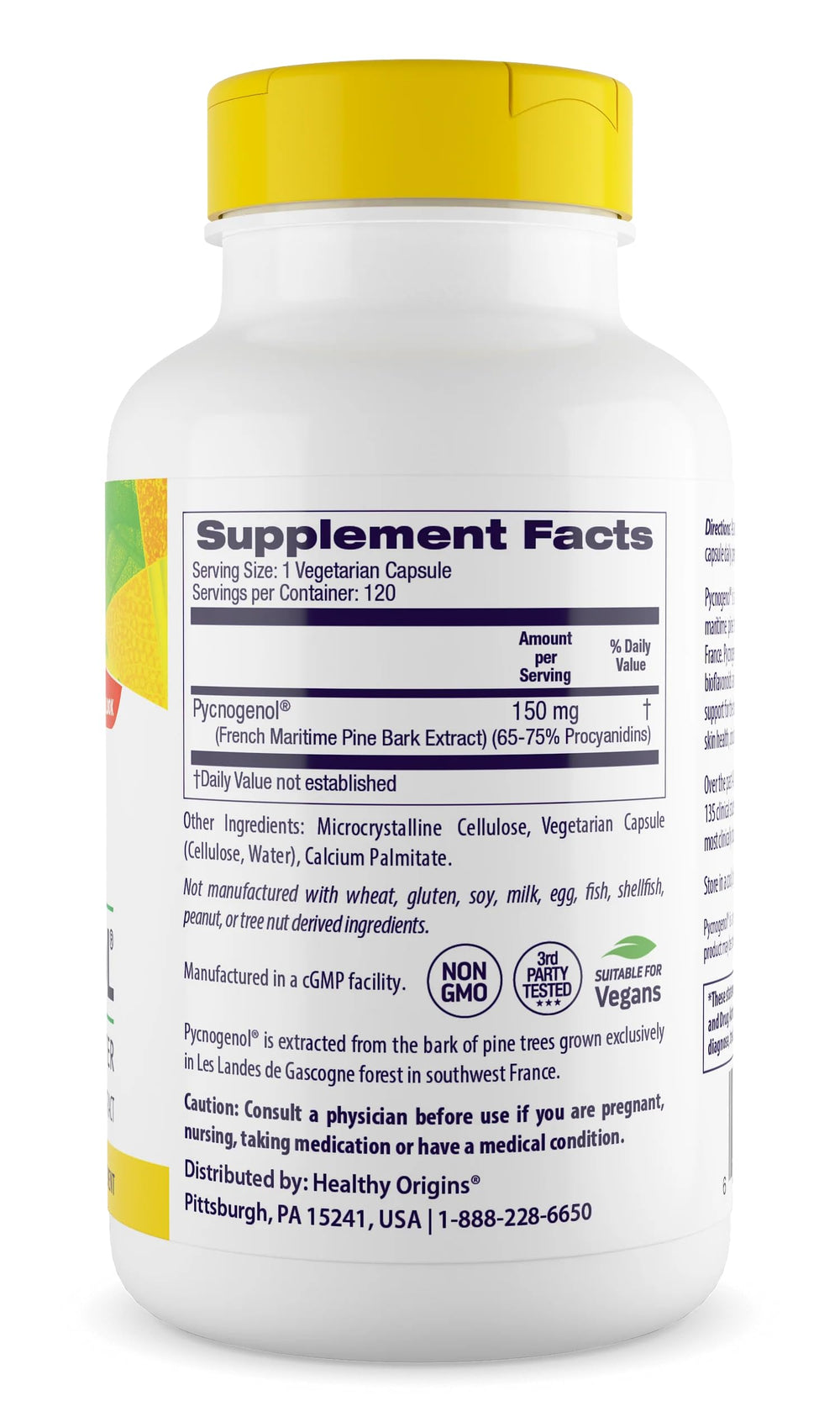 Close-up of Healthy Origins Pycnogenol veggie capsules, vegan and non-GMO.