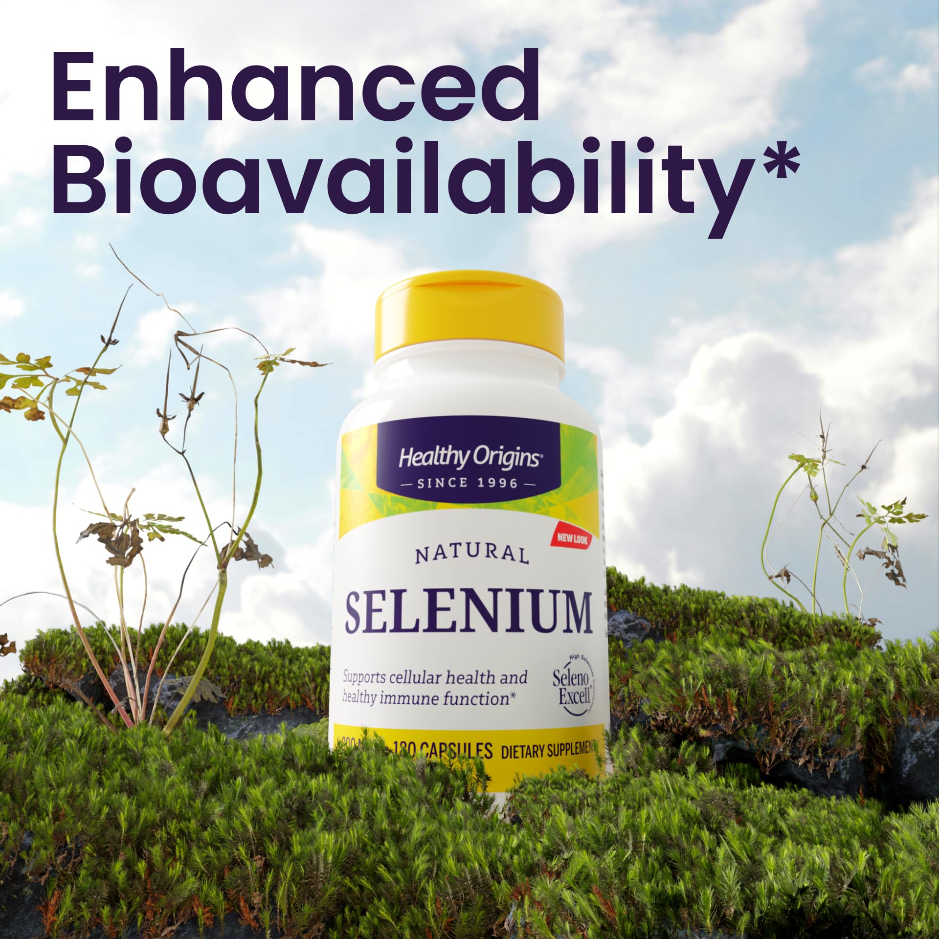 Healthy Origins Selenium capsules inside container demonstrate a convenient 180-count supply