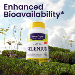 Healthy Origins Selenium capsules inside container demonstrate a convenient 180-count supply