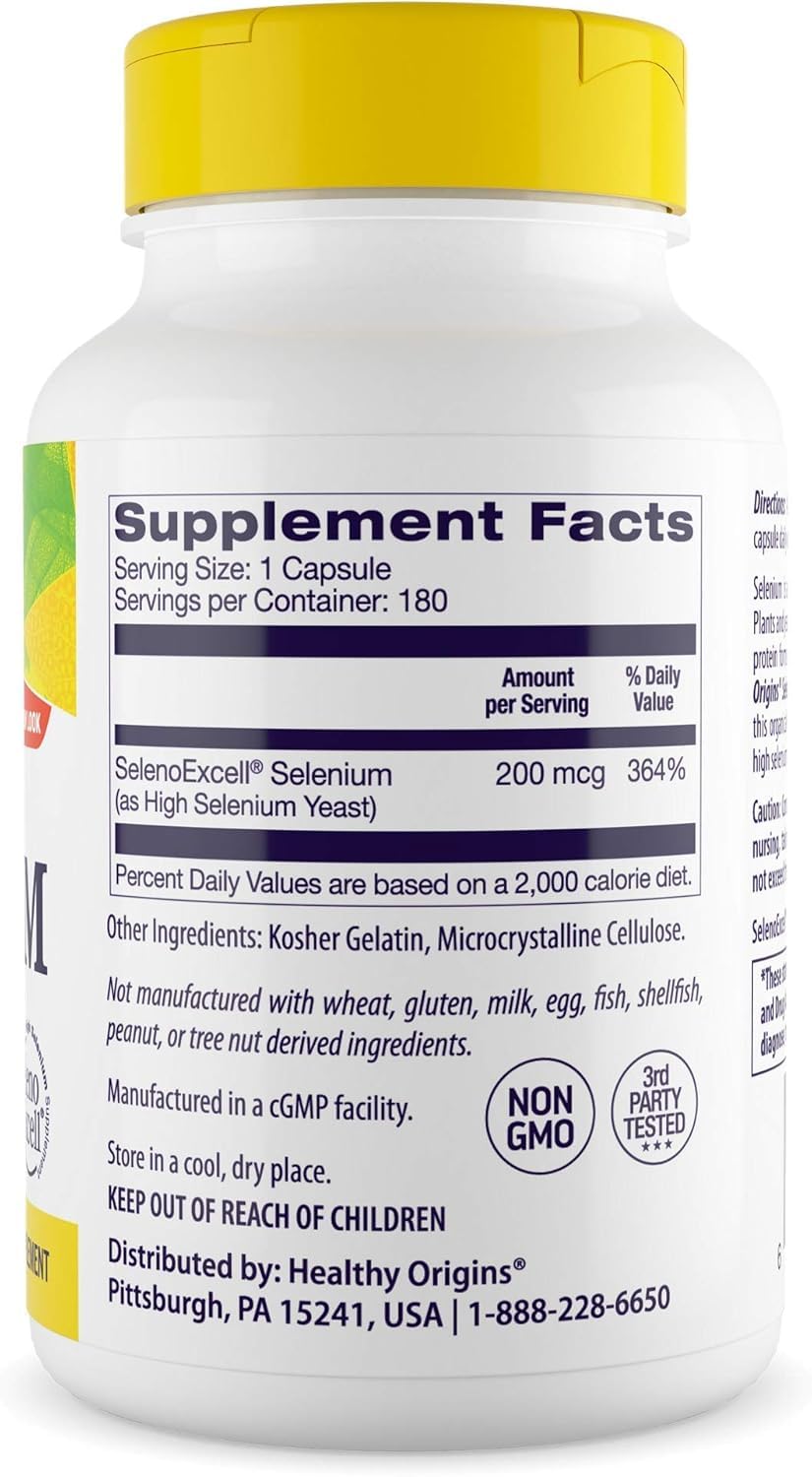 Healthy Origins label close-up shows SelenoExcell and non-GMO, gluten-free attributes