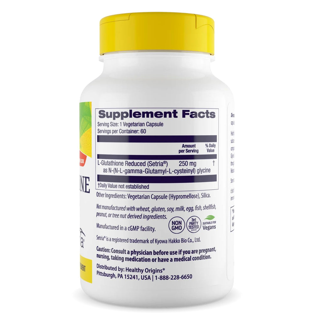 Healthy Origins Setria label highlights pharmaceutical-grade purity for L-Glutathione.