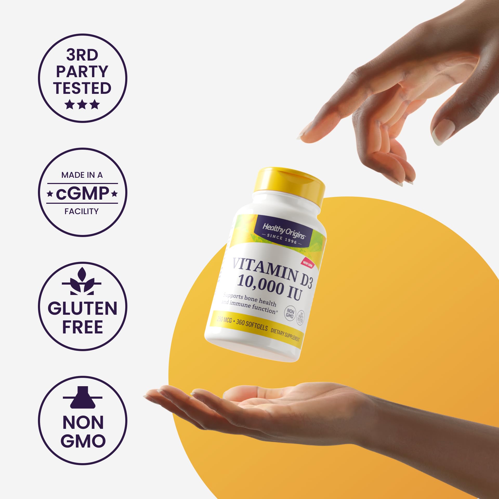 Healthy Origins softgel dispensing scene demonstrates quick, simple dosing.