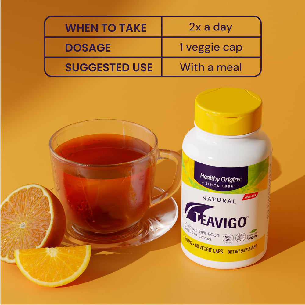 Healthy Origins Teavigo bottle pour shot demonstrates easy daily supplementation routine.