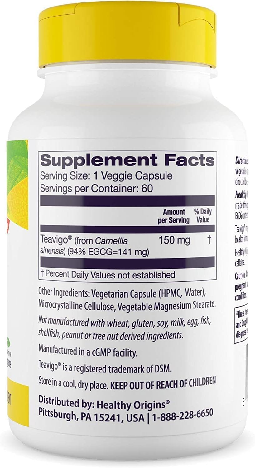 Healthy Origins Teavigo capsules closeup emphasizing veggie capsules for caffeine-free energy and focus.