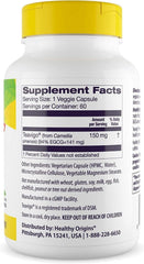 Healthy Origins Teavigo capsules closeup emphasizing veggie capsules for caffeine-free energy and focus.