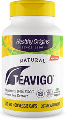 Healthy Origins Teavigo green tea extract bottle highlighting high EGCG content for daily antioxidant support.
