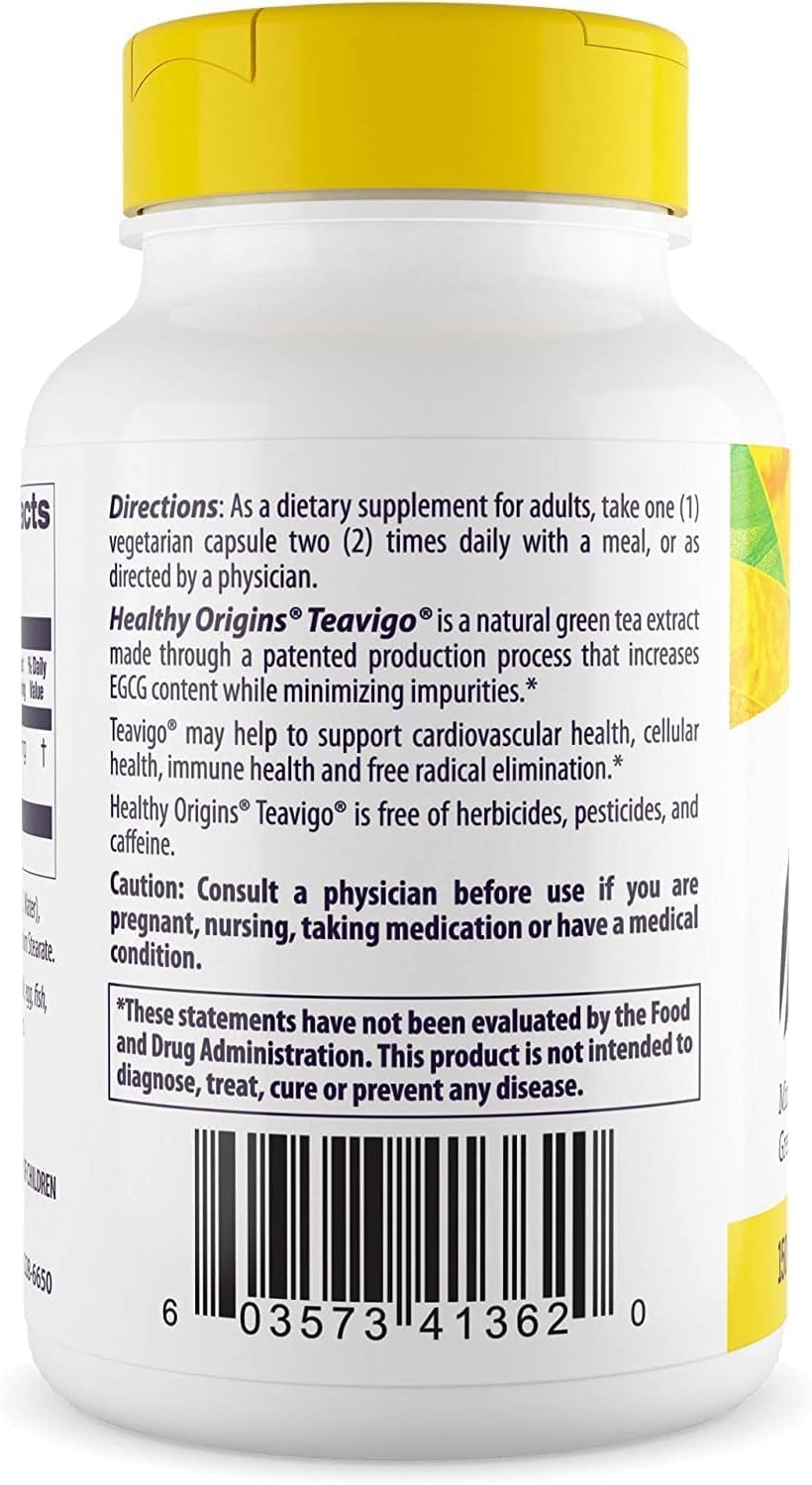 Healthy Origins Teavigo label and bottle image showcases purified green tea extract standard for purity.
