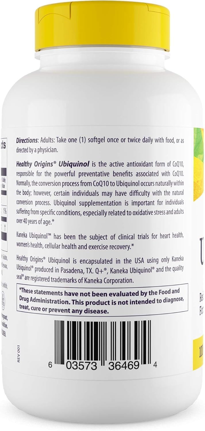 Healthy Origins Ubiquinol 100mg label highlights ingredient transparency and Kaneka QH quality.
