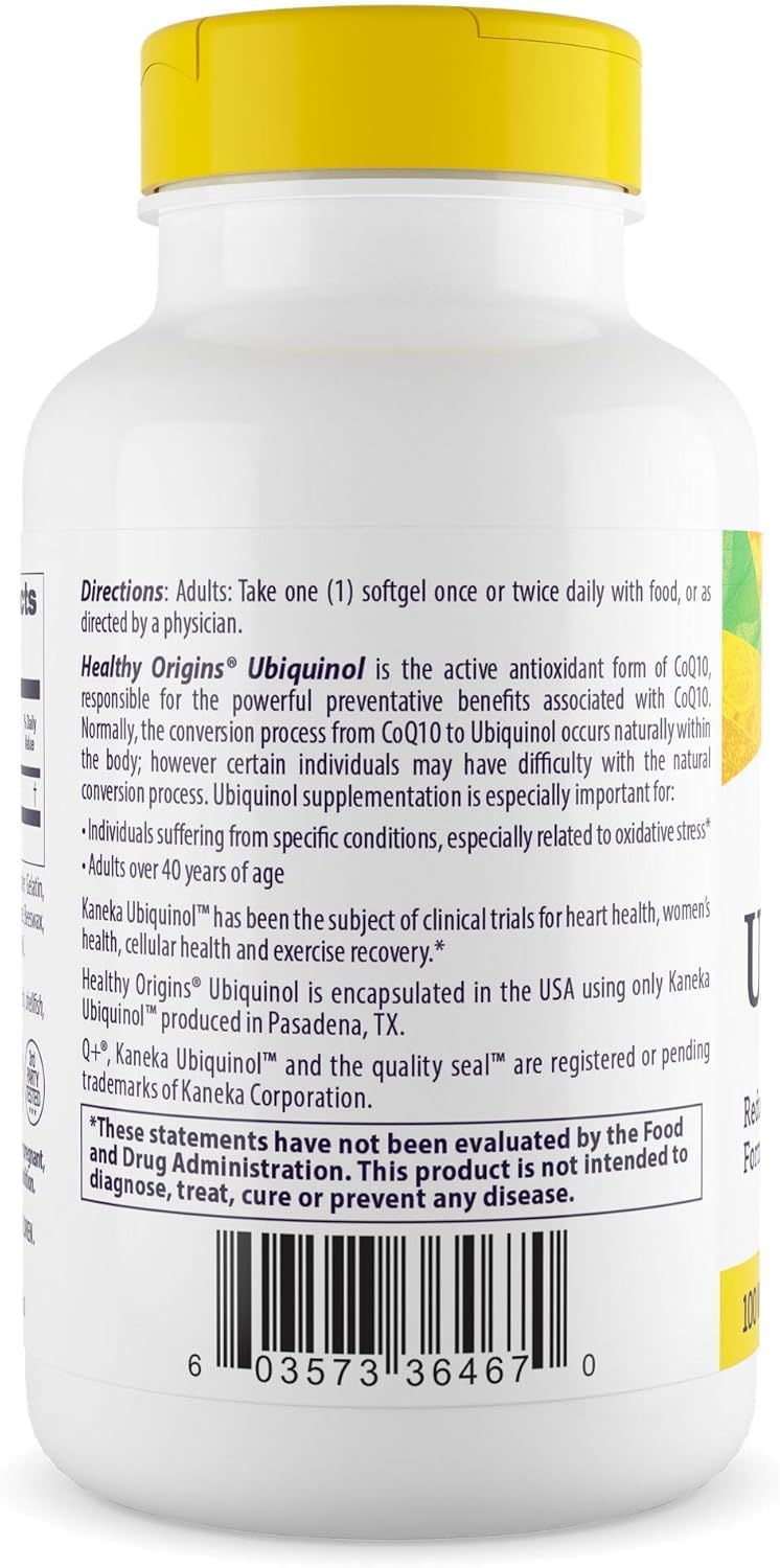 Healthy Origins ubiquinol 100mg softgel close-up highlighting texture for bioavailability.