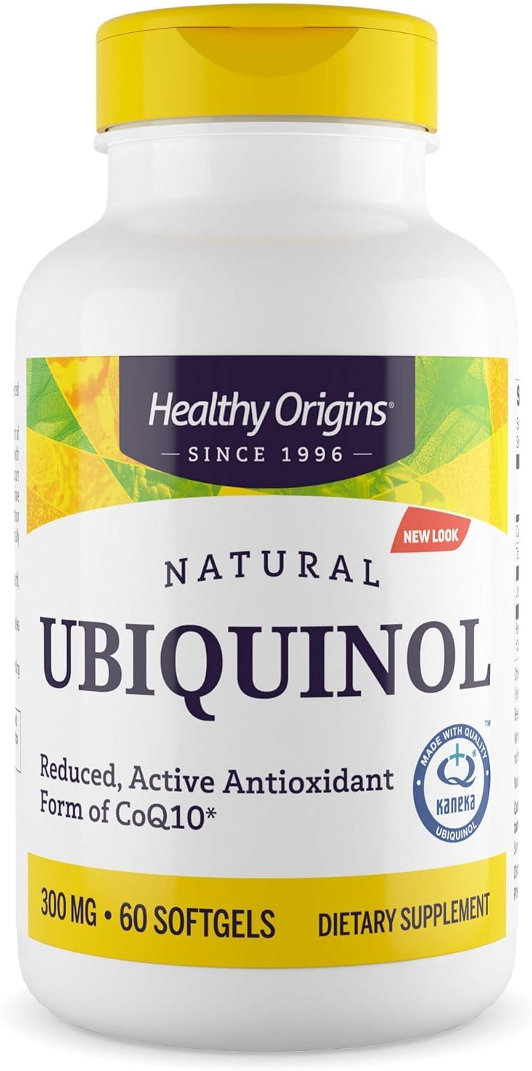 Healthy Origins Ubiquinol 300mg bottle front shows the CoQ10 supplement for energy support.