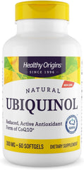 Healthy Origins Ubiquinol 300mg bottle front shows the CoQ10 supplement for energy support.