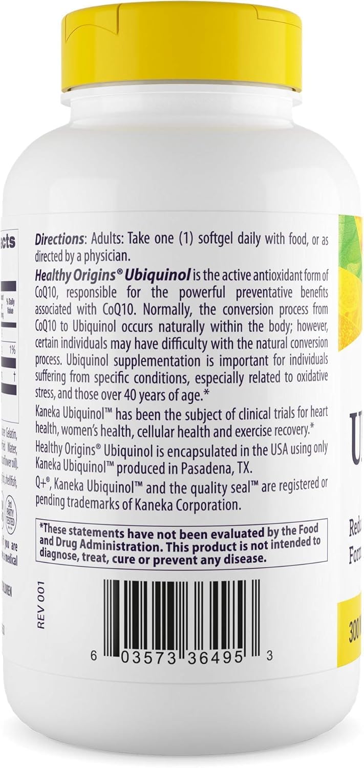 Healthy Origins ubiquinol 300 mg label highlighting gluten-free, non-GMO formula