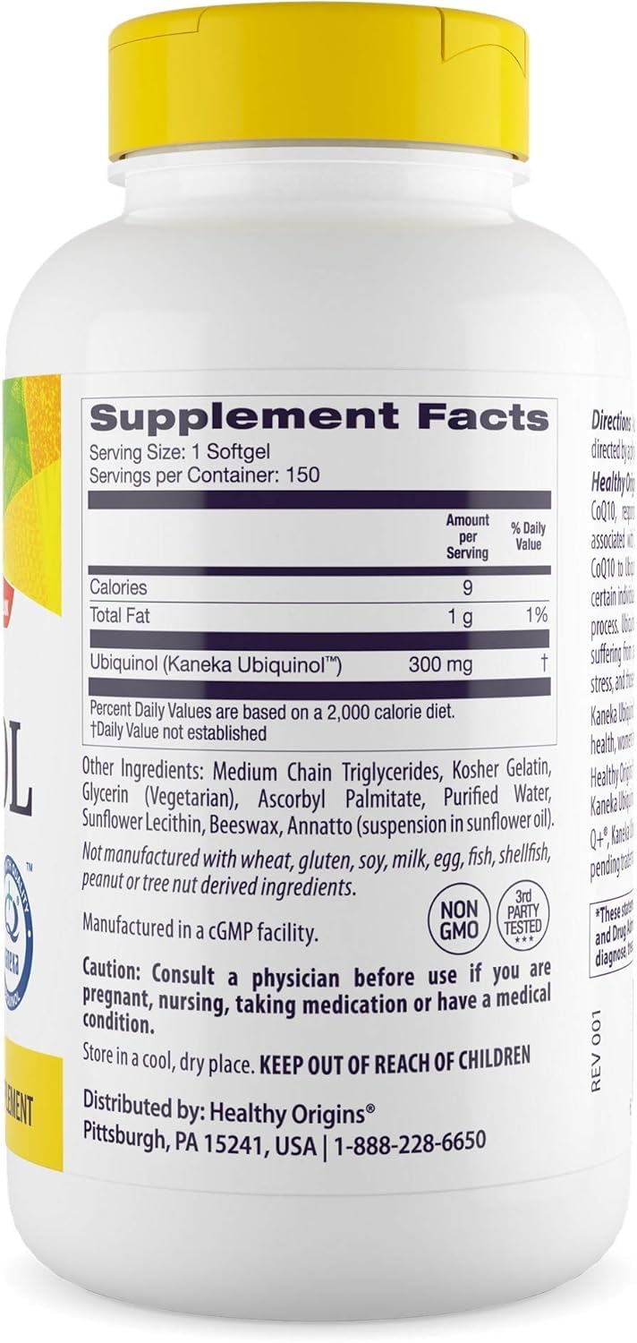 Closeup of Healthy Origins ubiquinol softgels showing compact capsules
