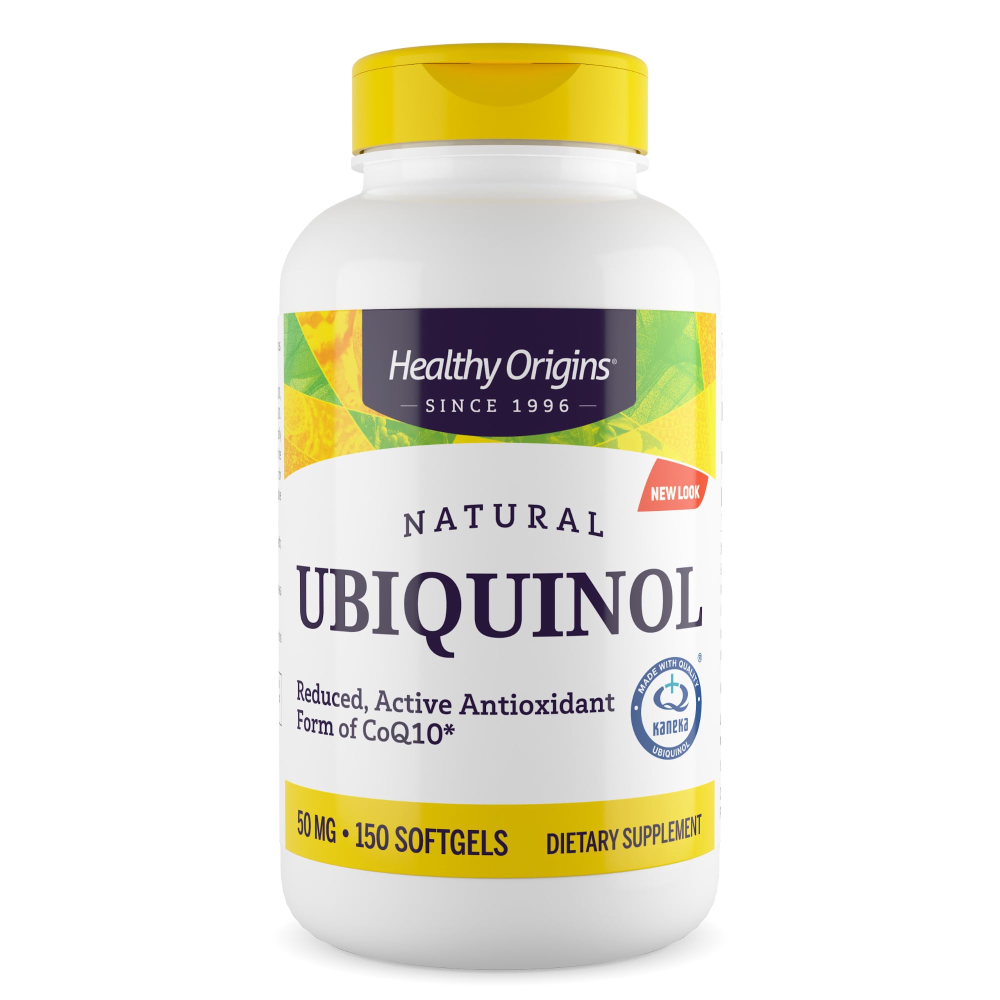 Healthy Origins Ubiquinol 50 mg bottle highlighting active CoQ10 form for energy support.