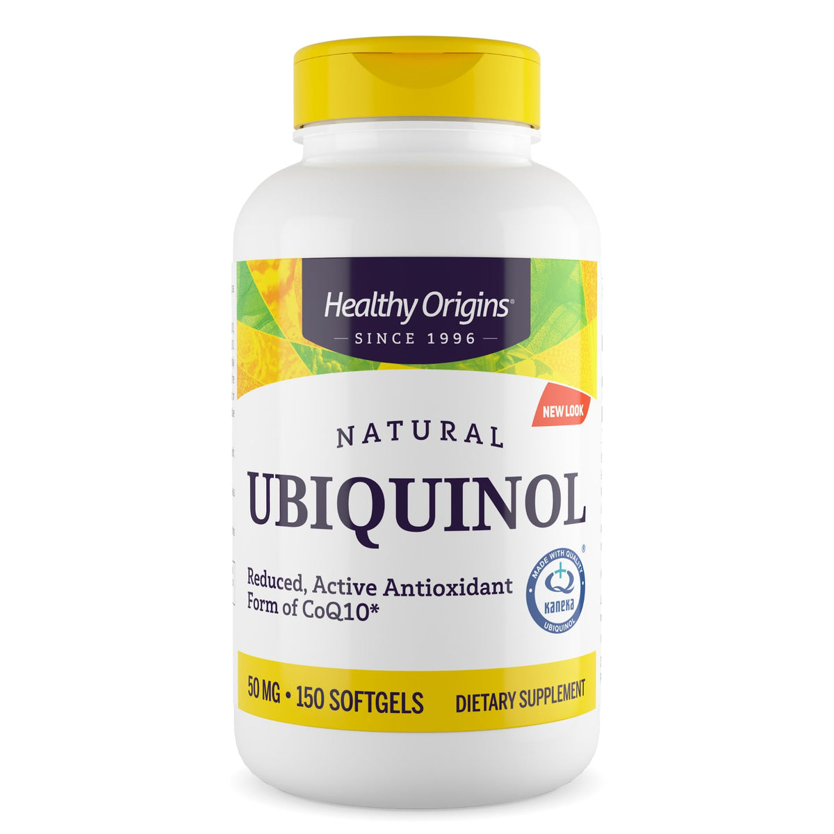 Healthy Origins Ubiquinol 50 mg bottle highlighting active CoQ10 form for energy support.