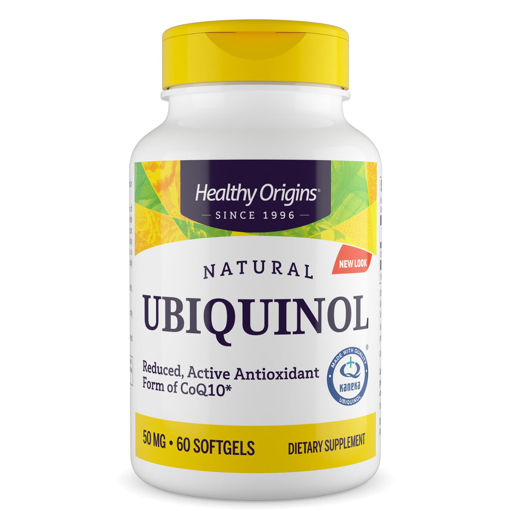 Healthy Origins ubiquinol bottle shows 50 mg softgels for antioxidant support.