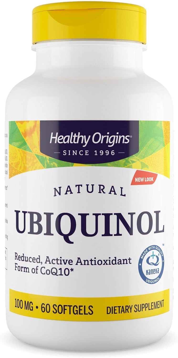 Healthy Origins ubiquinol bottle with softgels for daily energy support.