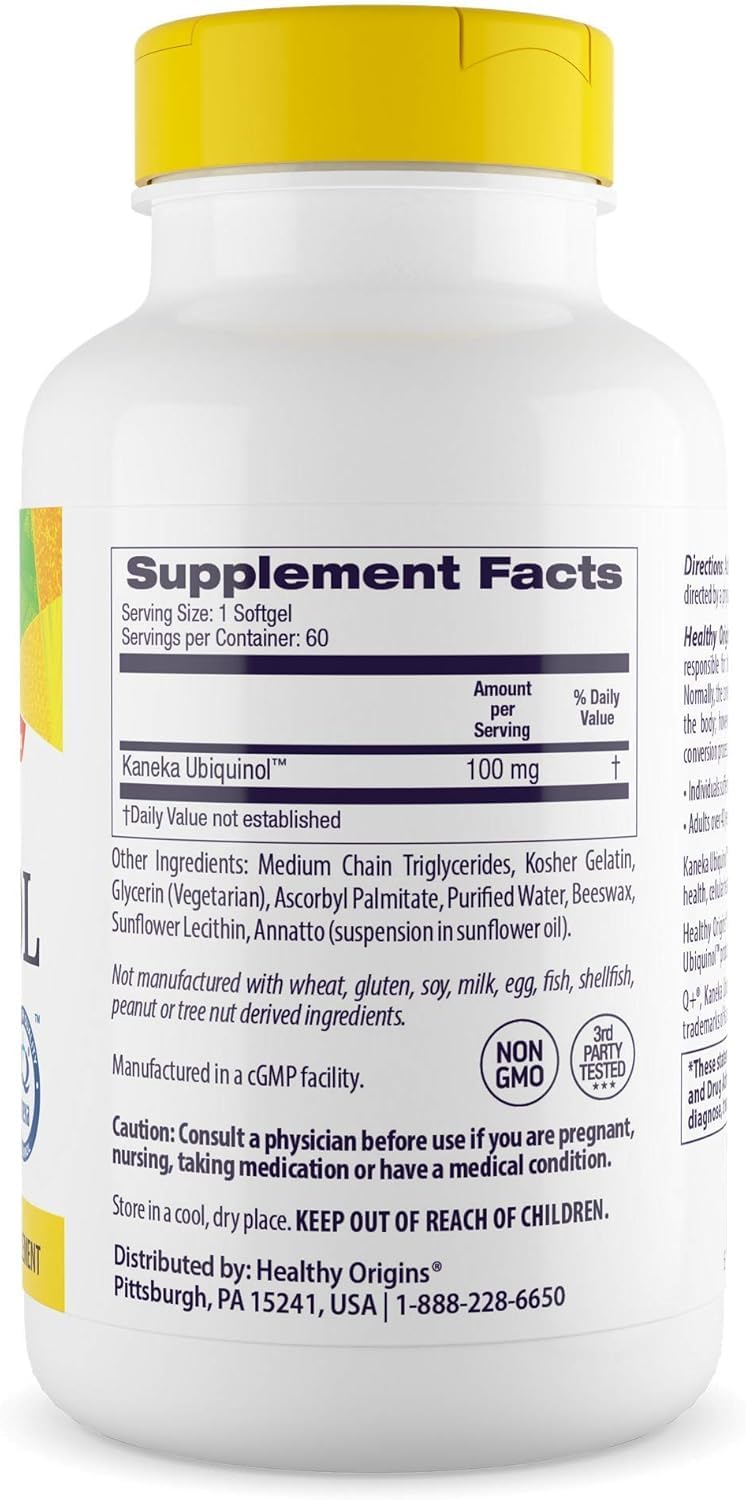 Healthy Origins ubiquinol Kaneka QH ingredient badge emphasizing premium form.
