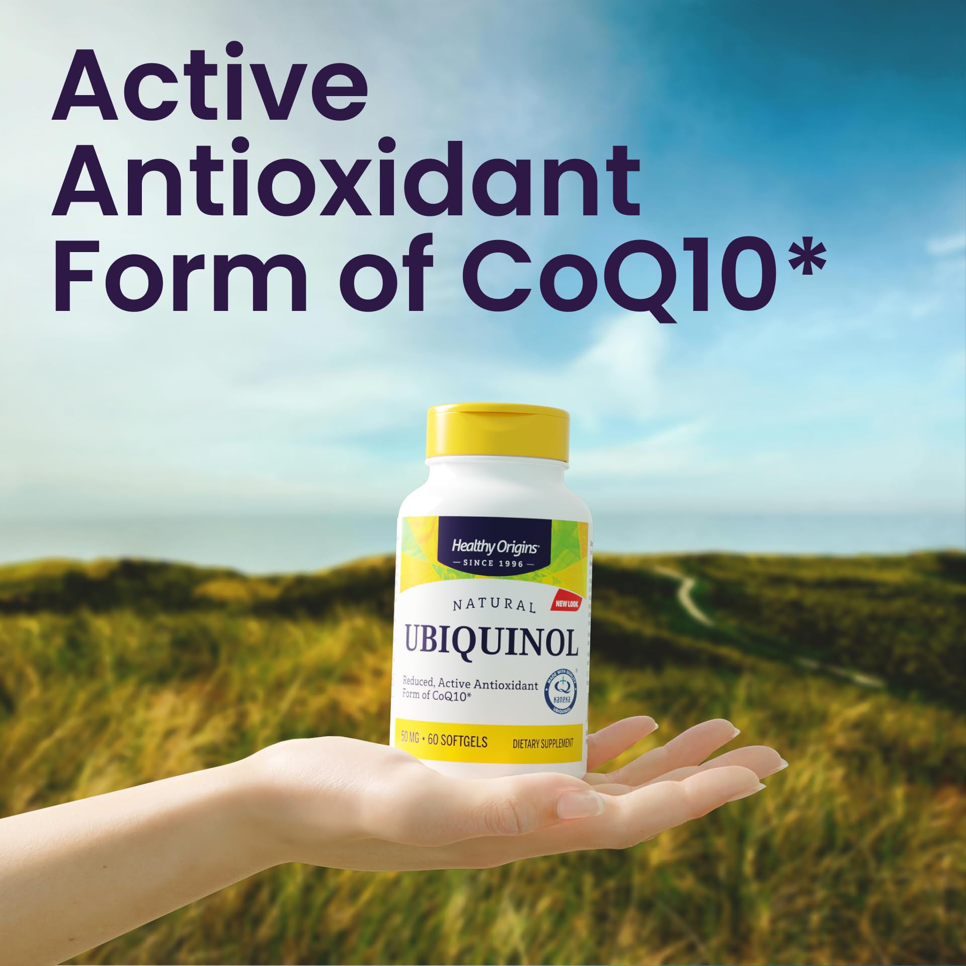 Healthy Origins Ubiquinol label close-up emphasizing potency and quality.