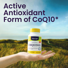 Healthy Origins Ubiquinol label close-up emphasizing potency and quality.