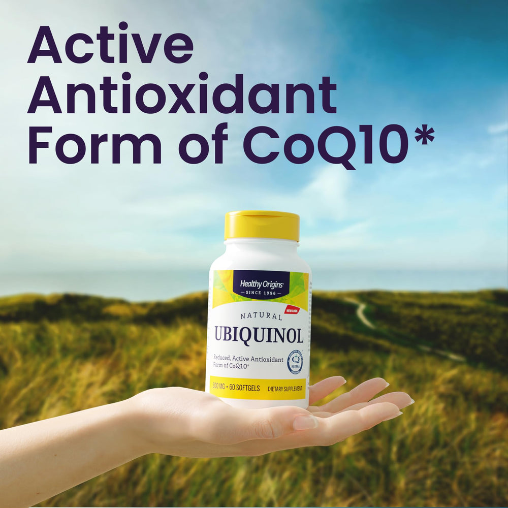 Healthy Origins Ubiquinol label details emphasize Kaneka active form and quality.