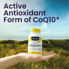 Healthy Origins ubiquinol non-GMO badge showing clean label.