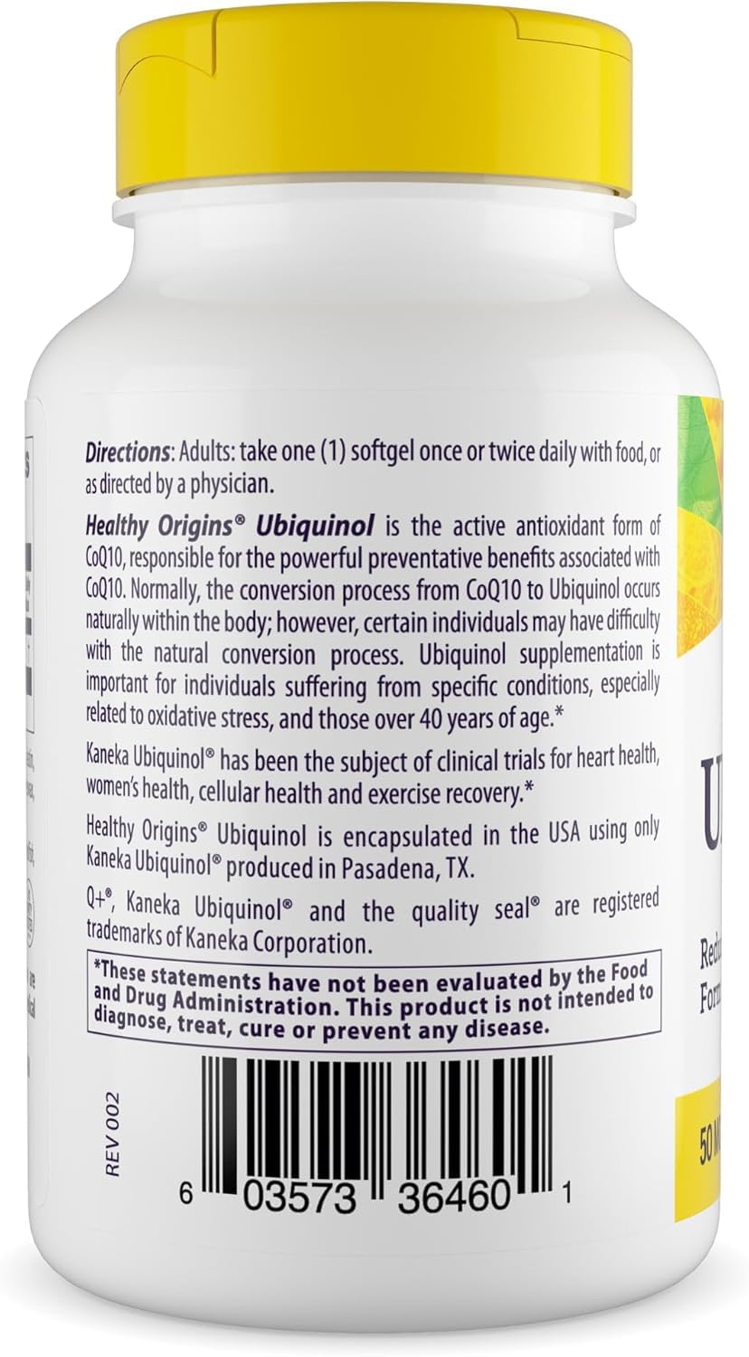 Healthy Origins Ubiquinol softgels close-up showing 50 mg capsules for antioxidant support.