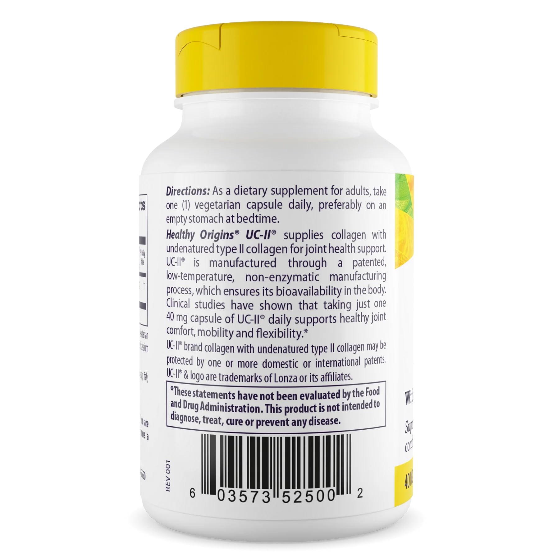 Close-up of Healthy Origins UC-II capsules highlighting undenatured collagen benefits.