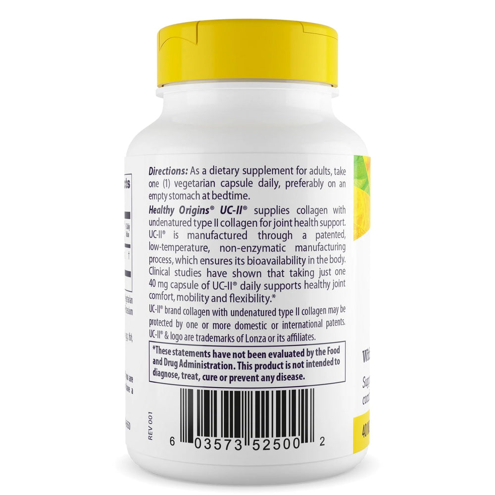 Close-up of Healthy Origins UC-II capsules highlighting undenatured collagen benefits.