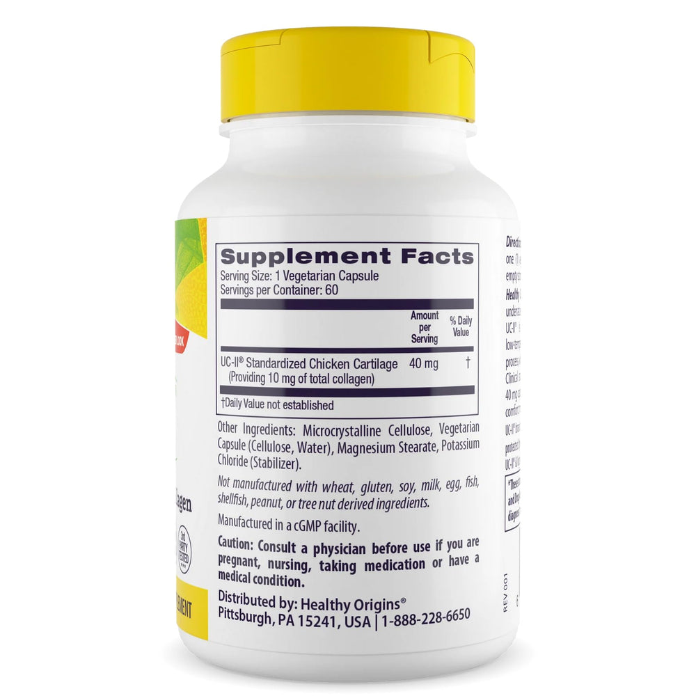 Healthy Origins UC-II gluten-free label indicating suitability for gluten-sensitive diets.