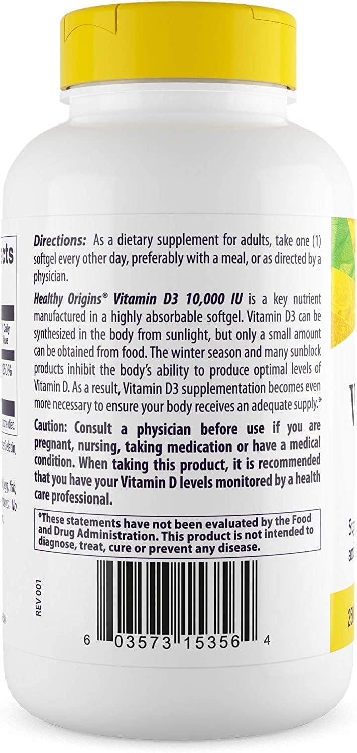 Healthy Origins D3 bottle close-up highlights gluten-free formula.
