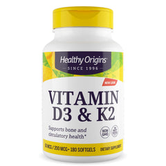 Healthy Origins Vitamin D3 + K2 bottle front highlighting bone support