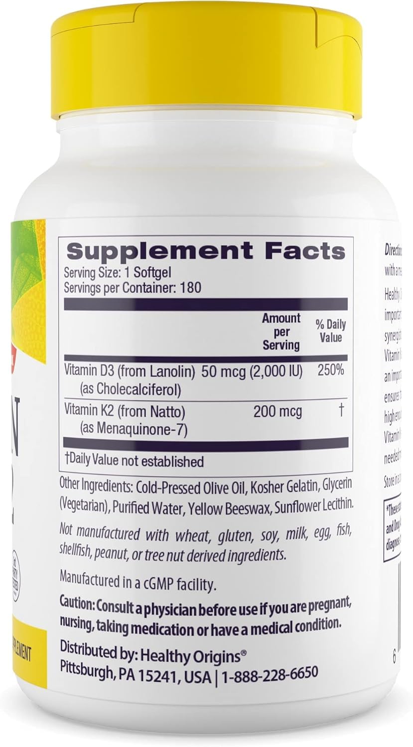 Healthy Origins Vitamin D3 + K2 label close-up emphasizing potency