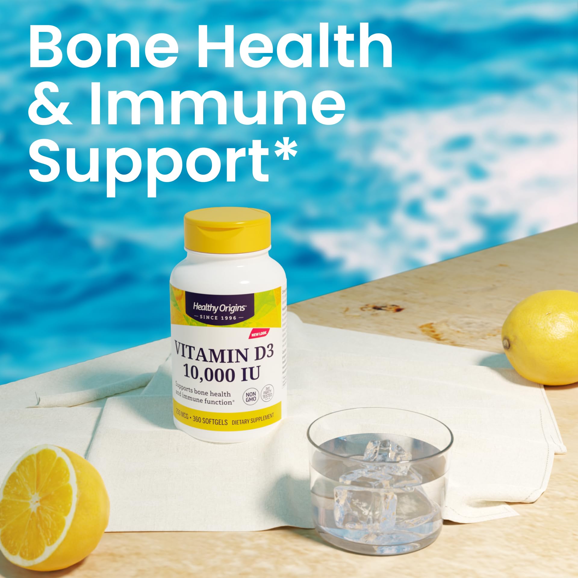 Healthy Origins Vitamin D3 bottle on kitchen counter for daily wellness.