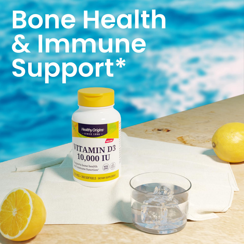 Healthy Origins Vitamin D3 bottle on kitchen counter for daily wellness.