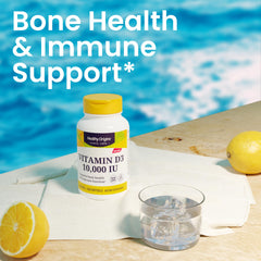 Healthy Origins Vitamin D3 bottle on kitchen counter for daily wellness.