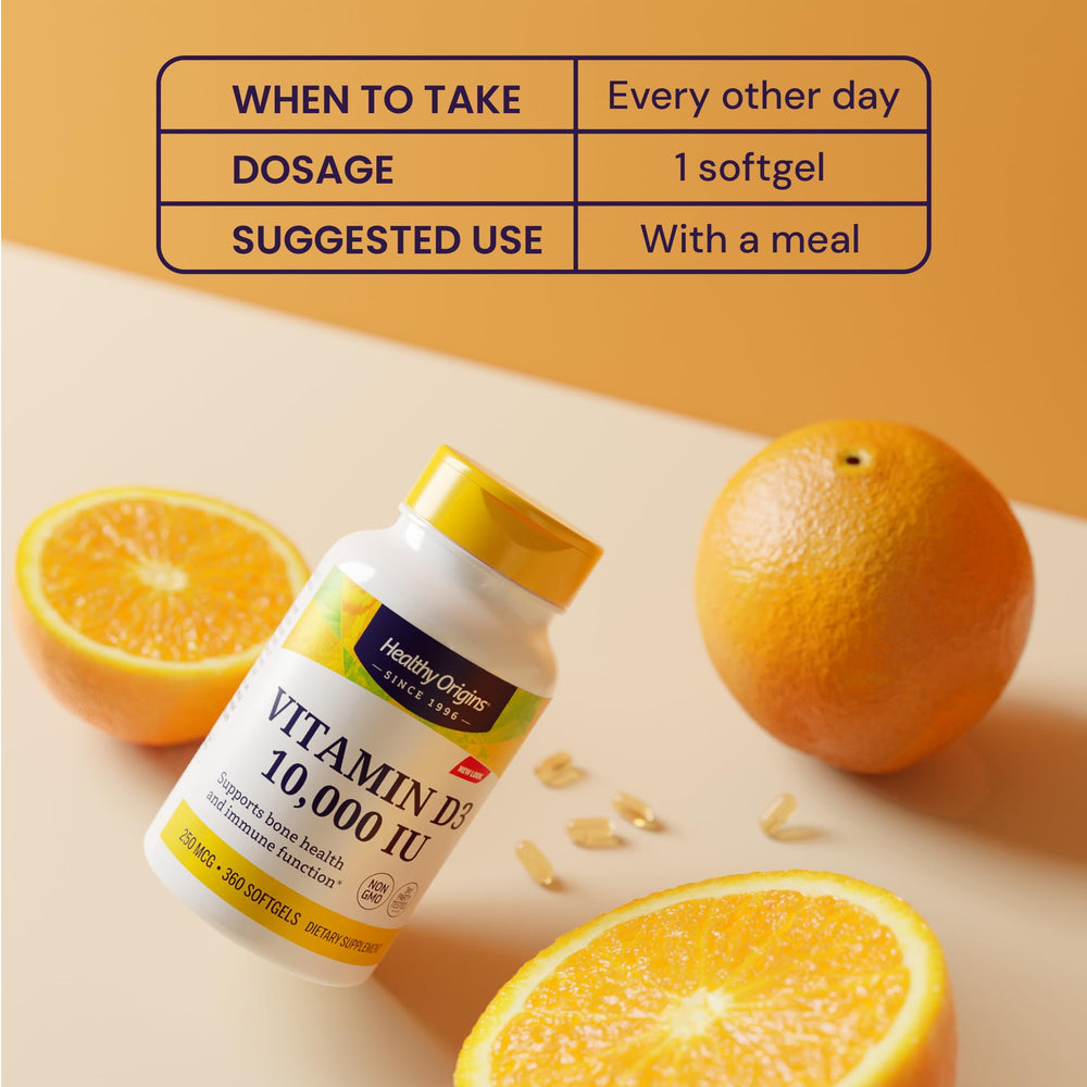 Healthy Origins Vitamin D3 label shows 10,000 IU dosage for daily use.