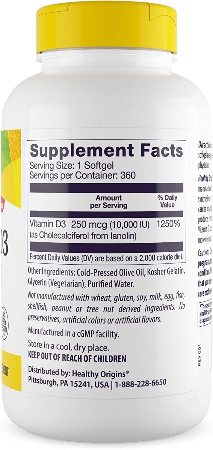 Vitamin D3 softgels spilling from Healthy Origins bottle for immune support.