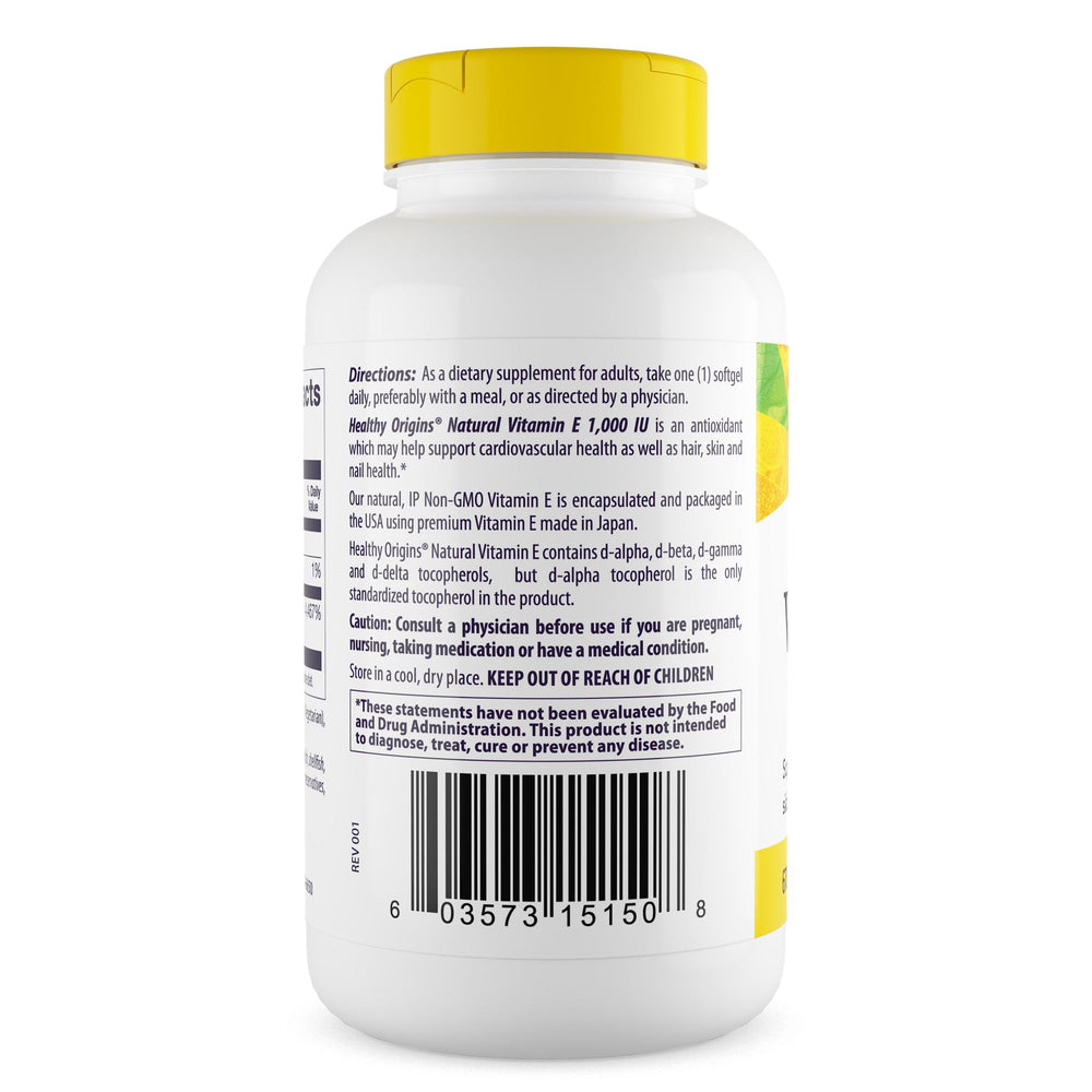 Healthy Origins Vitamin E 1000 IU label highlights natural mixed tocopherols