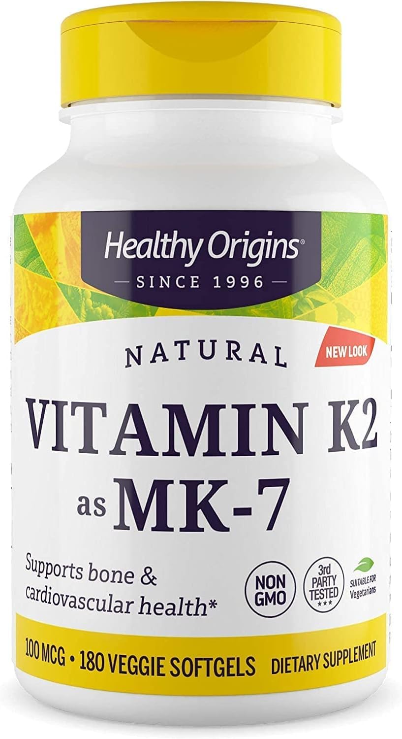 Healthy Origins Vitamin K2 MK-7 bottle front showing product features and size