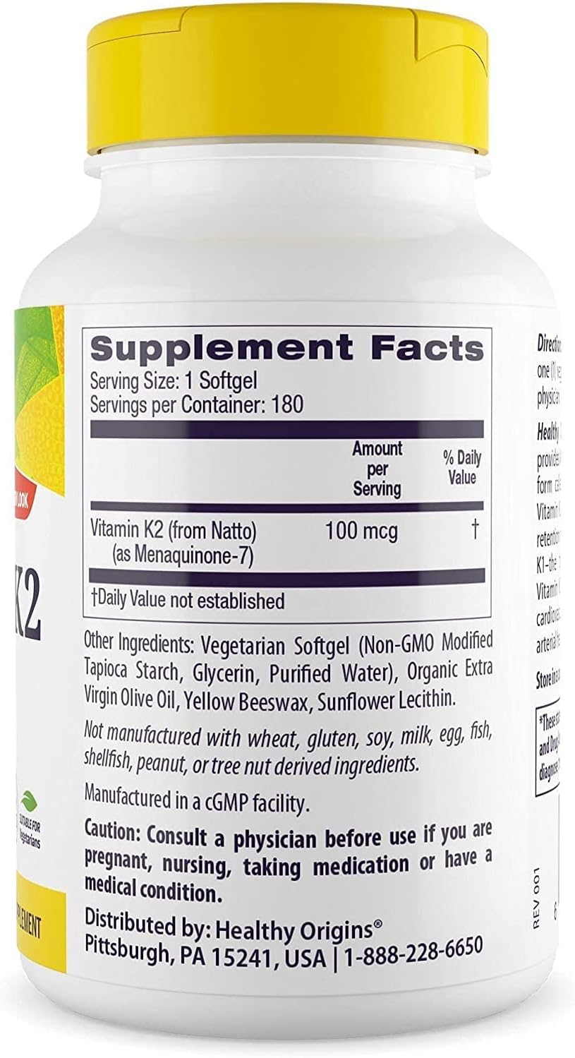 Healthy Origins Vitamin K2 MK-7 bottle label highlights non-GMO and gluten-free