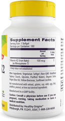 Healthy Origins Vitamin K2 MK-7 bottle label highlights non-GMO and gluten-free