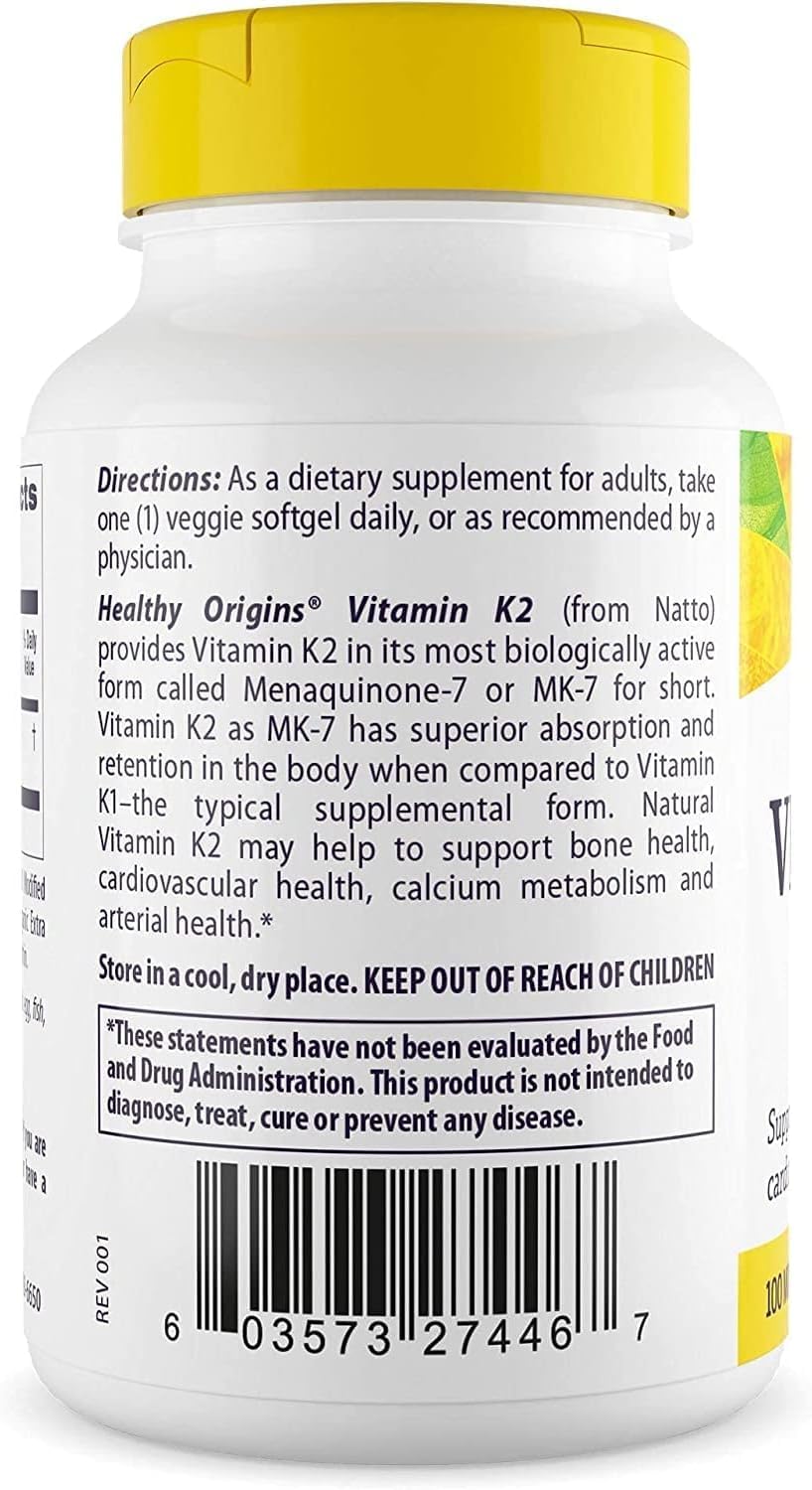 Healthy Origins Vitamin K2 MK-7 capsules closeup emphasizing bioavailability