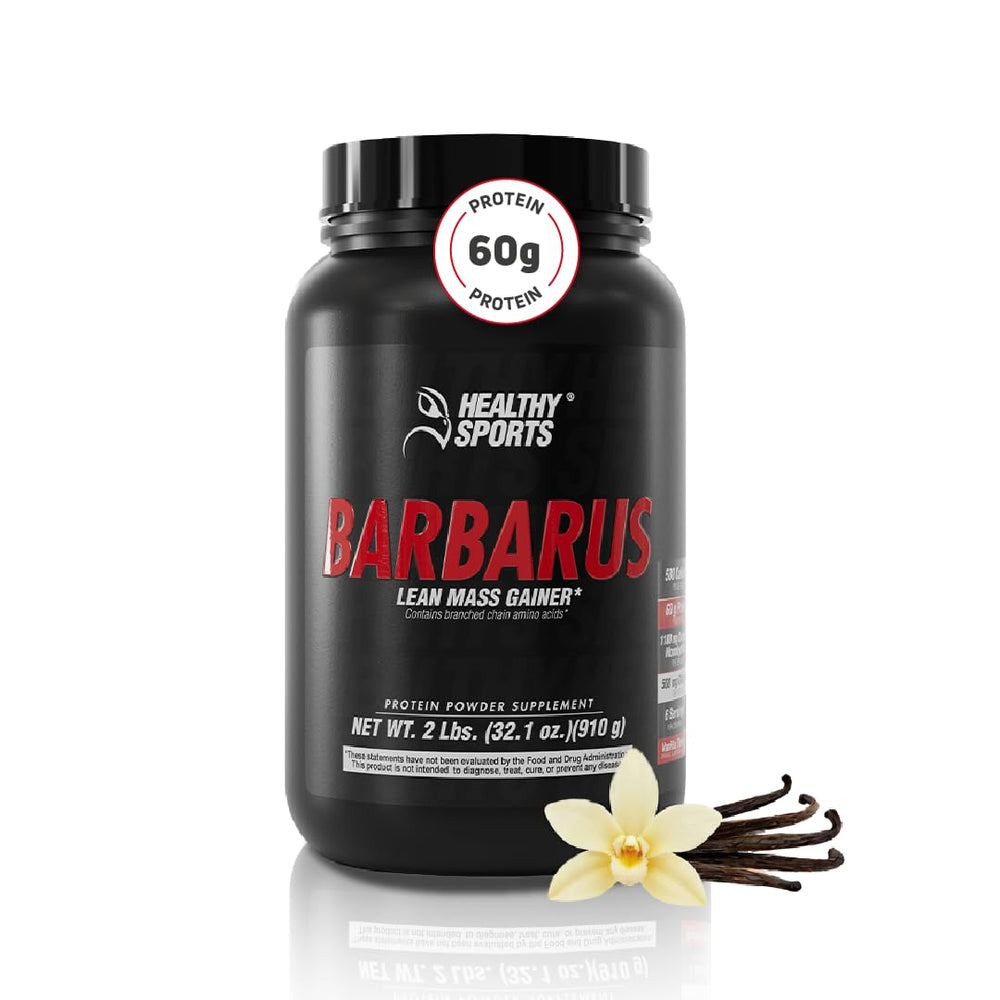 Barbarus vanilla protein powder tub highlights premium non-GMO formula for daily shakes